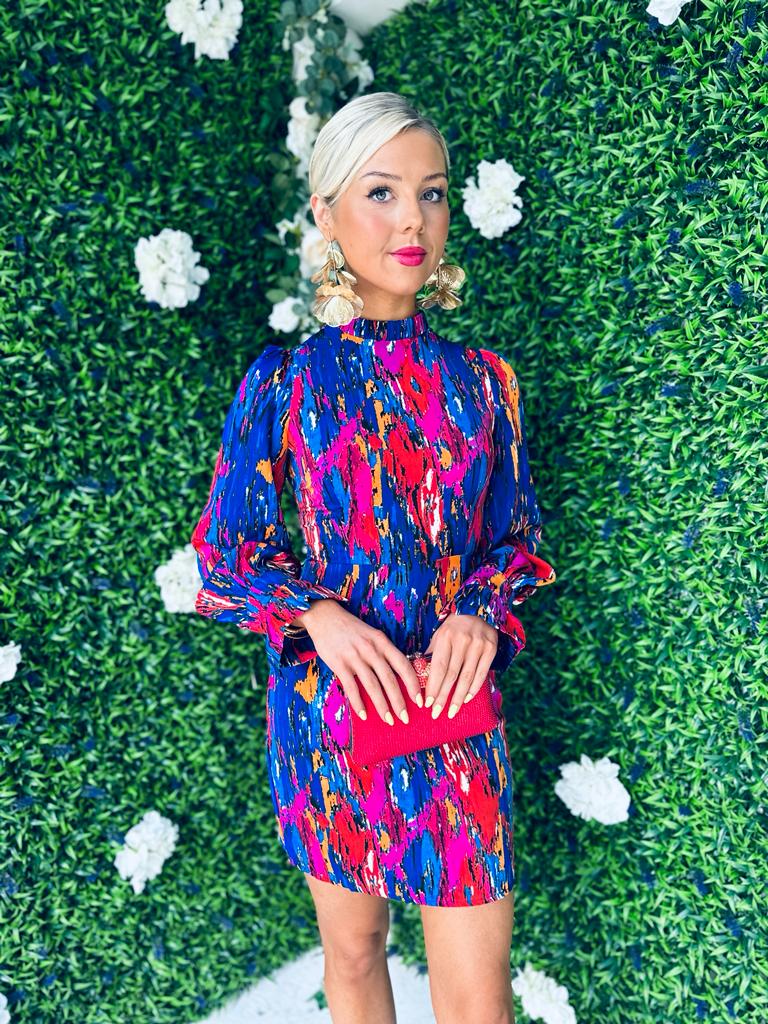 Hadley Puff Sleeve Mini Dress Multi Cobalt