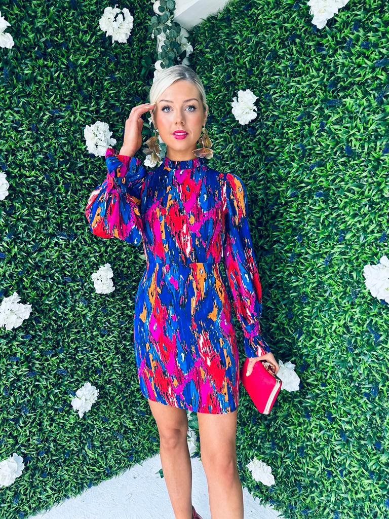 Hadley Puff Sleeve Mini Dress Multi Cobalt