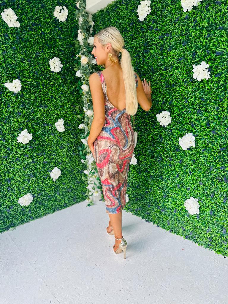 Paisley Sequin Midi Dress Rouge