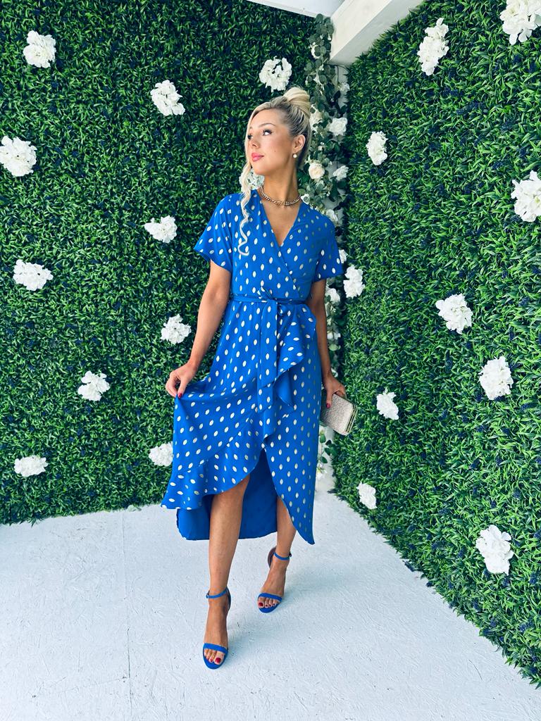Farrah Asymmetric Dress Gold Foil & Cobalt