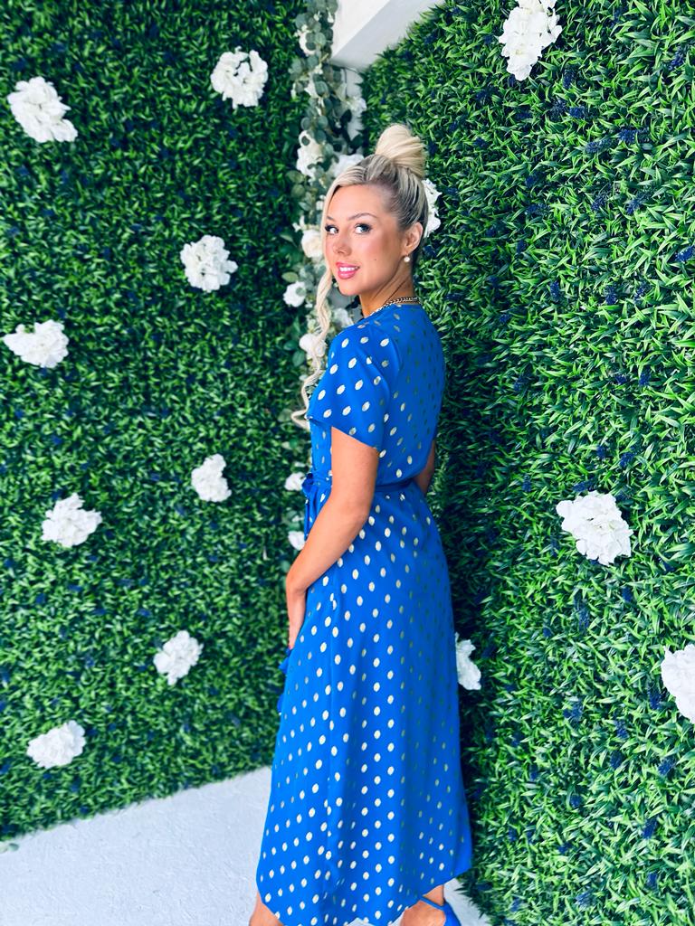 Farrah Asymmetric Dress Gold Foil & Cobalt