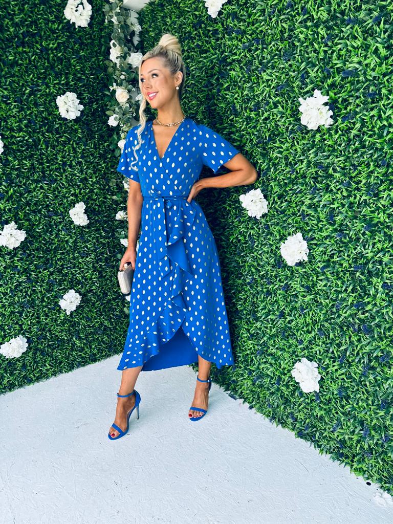 Farrah Asymmetric Dress Gold Foil & Cobalt