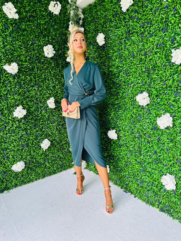 Marian Gold Buckle Midi Dress Teal