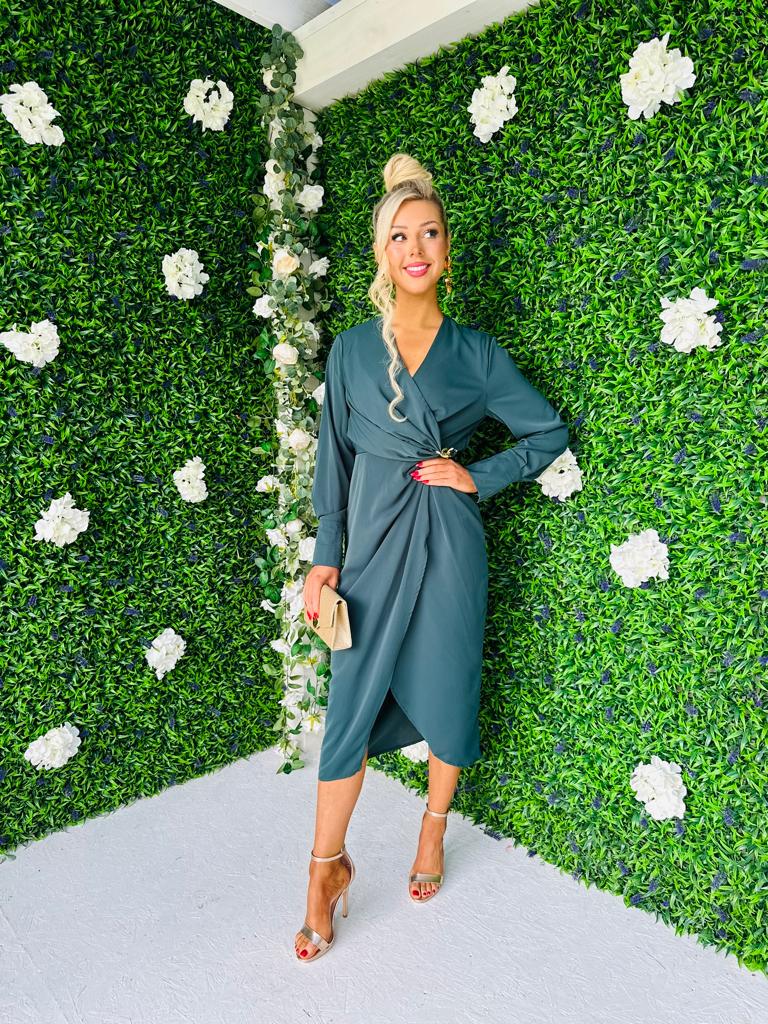 Marian Gold Buckle Midi Dress Teal