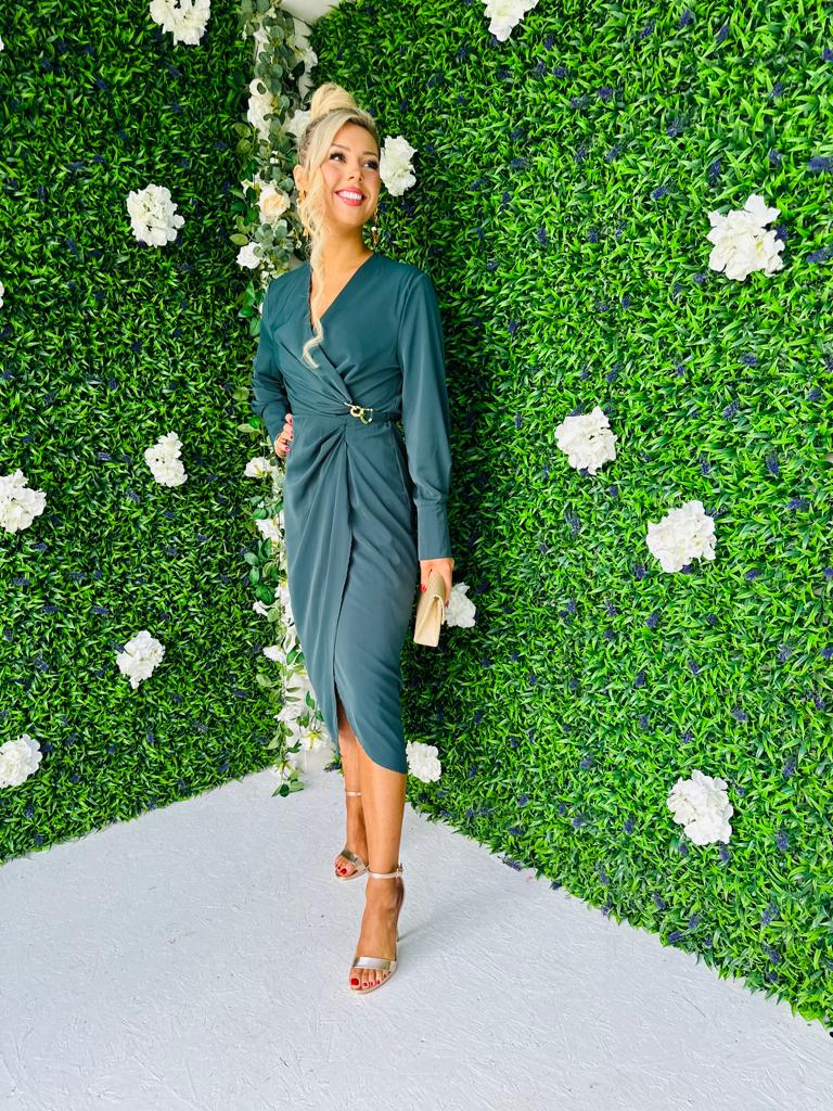 Marian Gold Buckle Midi Dress Teal