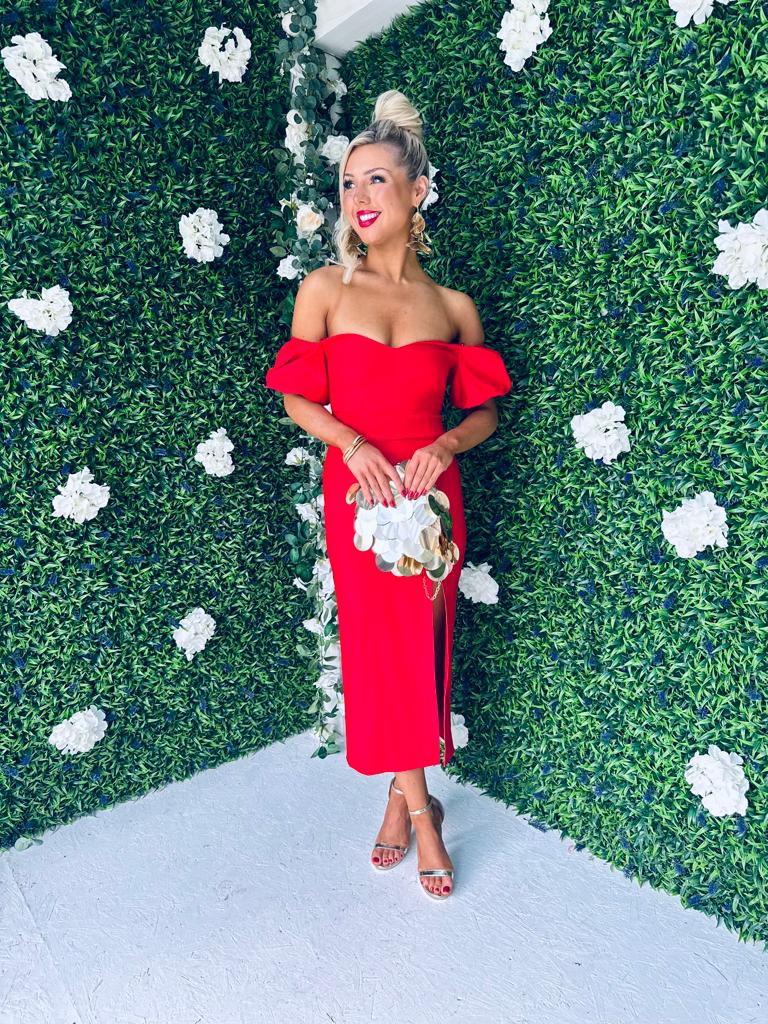 Matilda Bardot Midi Dress Red