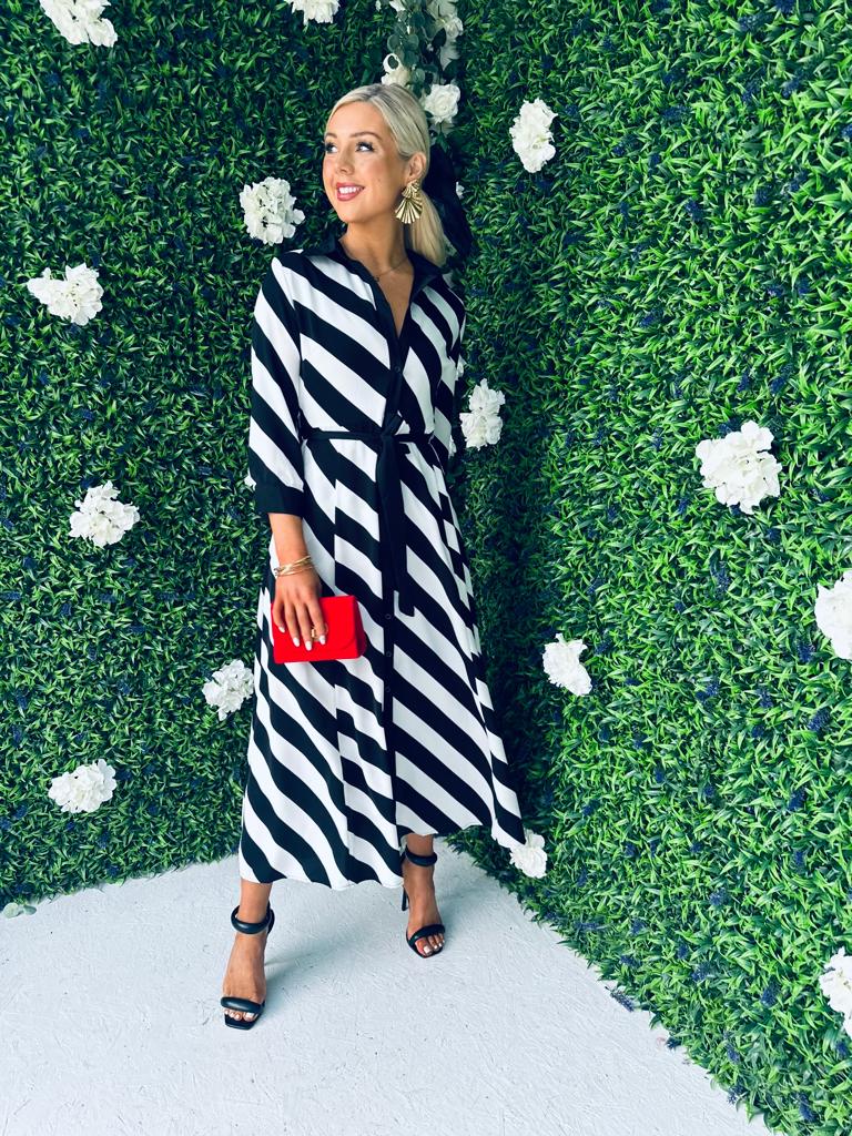Brielle Shirt Maxi Dress Black White Stripe PRE ORDER Arriving 23 Sep