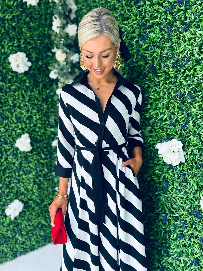 Brielle Shirt Maxi Dress Black White Stripe PRE ORDER Arriving 23 Sep