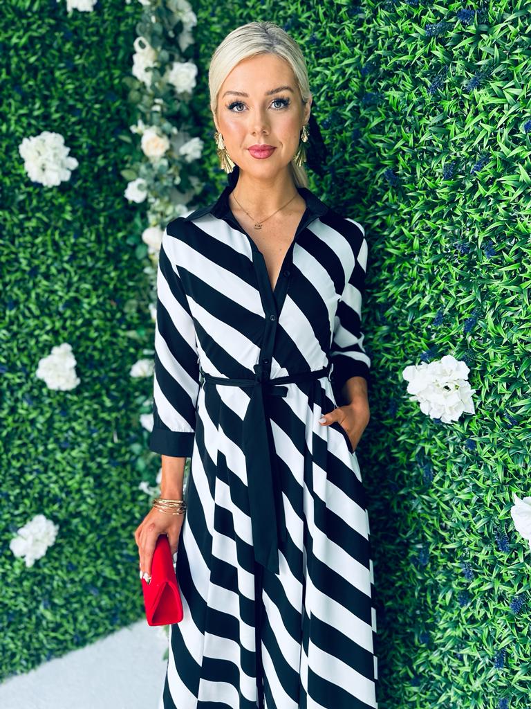 Brielle Shirt Maxi Dress Black White Stripe PRE ORDER Arriving 23 Sep