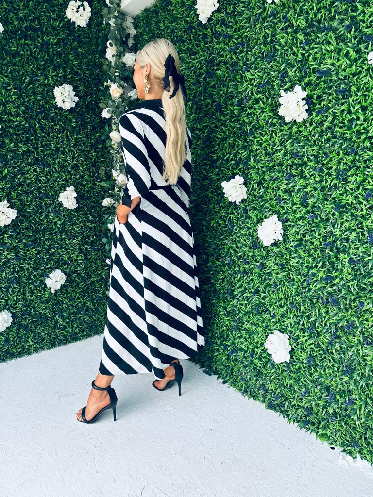 Brielle Shirt Maxi Dress Black White Stripe PRE ORDER Arriving 23 Sep