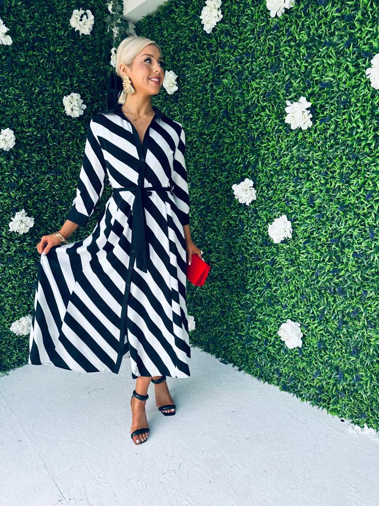 Brielle Shirt Maxi Dress Black White Stripe PRE ORDER Arriving 23 Sep