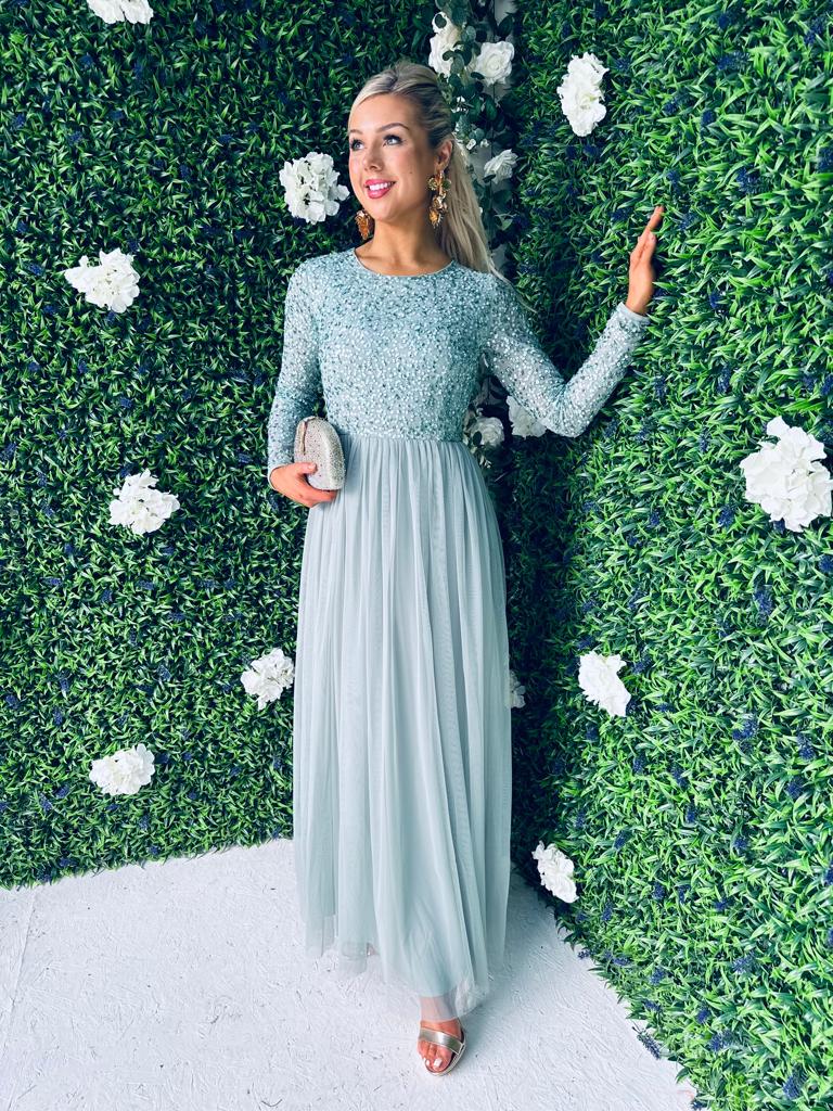 Danica Sequin & Tulle Maxi Dress Aqua