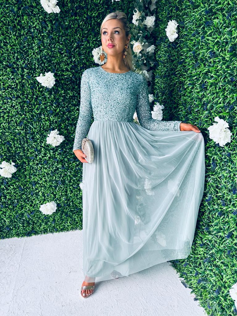 Danica Sequin & Tulle Maxi Dress Aqua