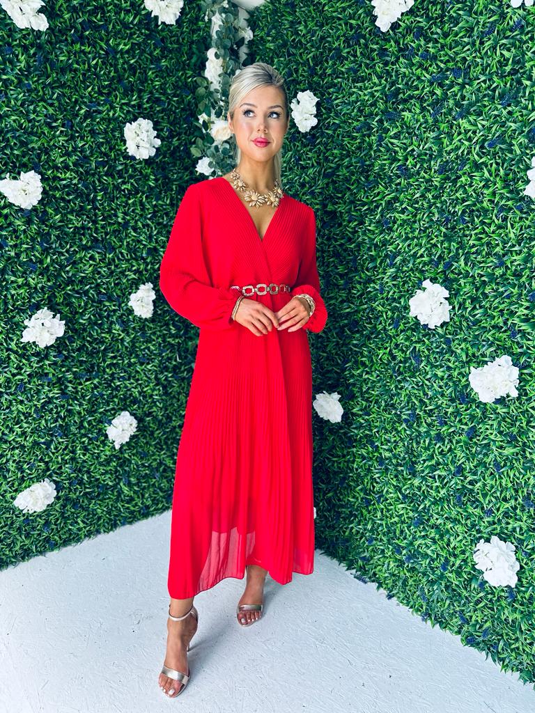 Danni Full Pleat Midi Dress Red