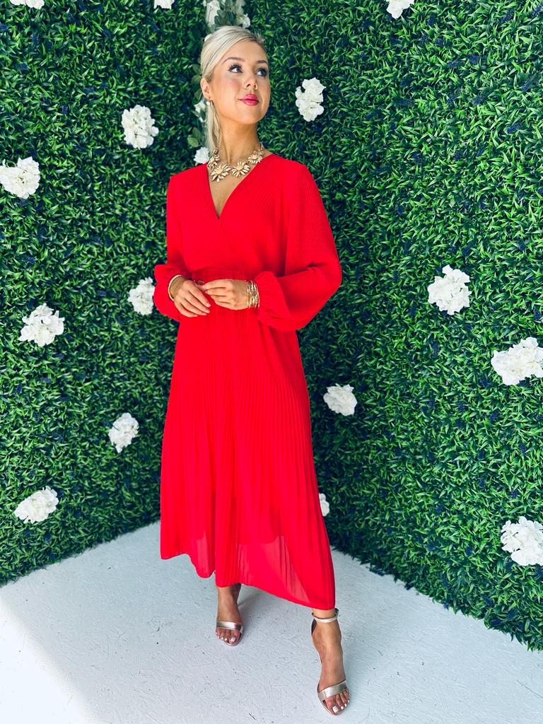 Danni Full Pleat Midi Dress Red