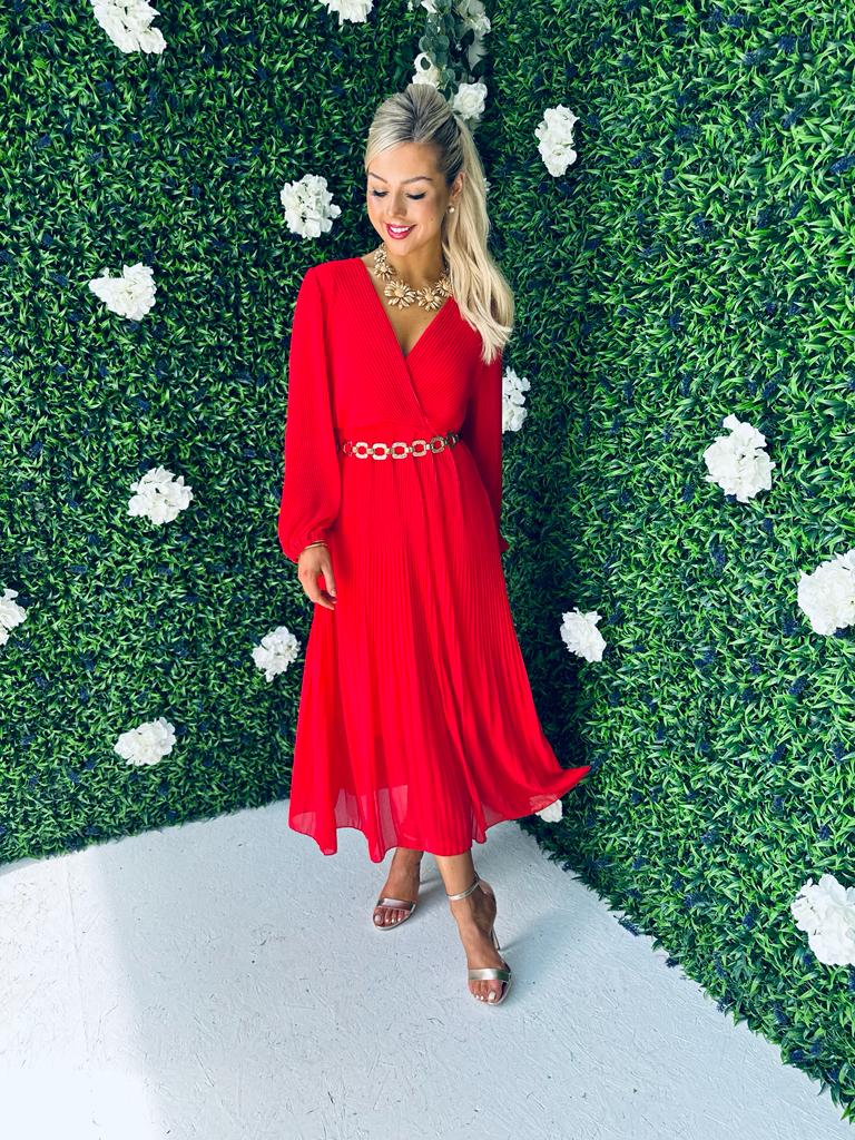Danni Full Pleat Midi Dress Red