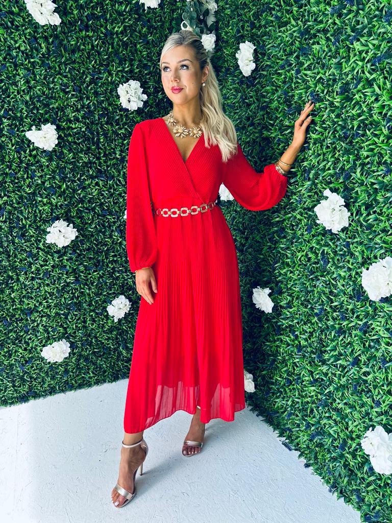 Danni Full Pleat Midi Dress Red