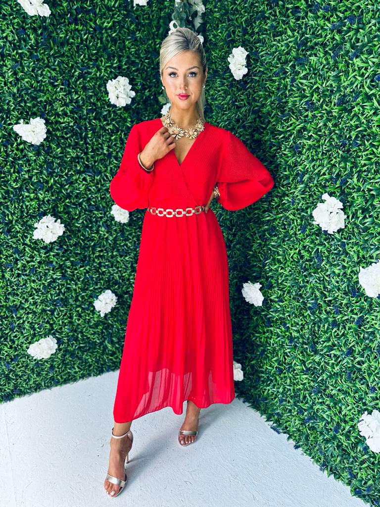 Danni Full Pleat Midi Dress Red