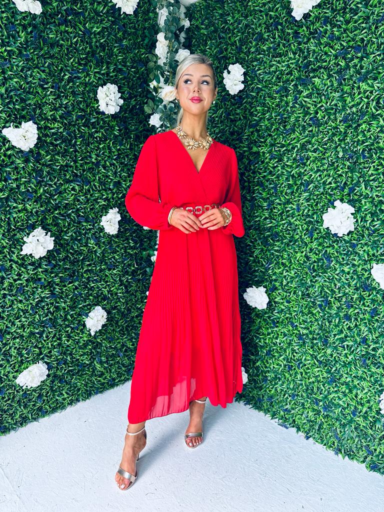 Danni Full Pleat Midi Dress Red