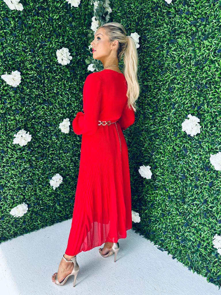 Danni Full Pleat Midi Dress Red