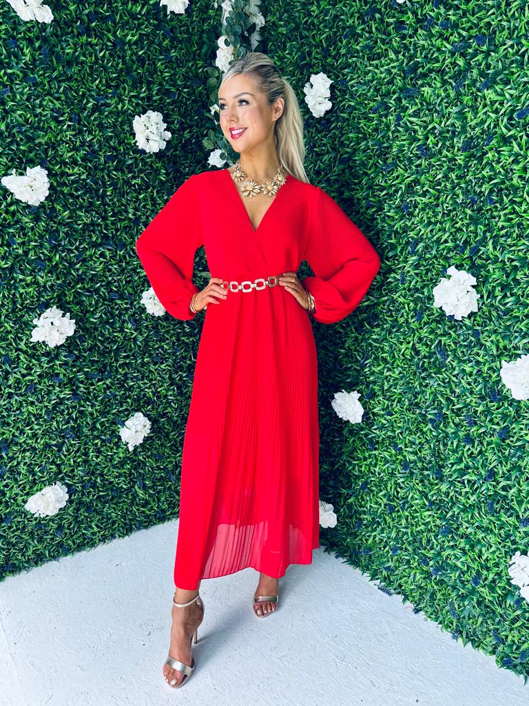 Danni Full Pleat Midi Dress Red