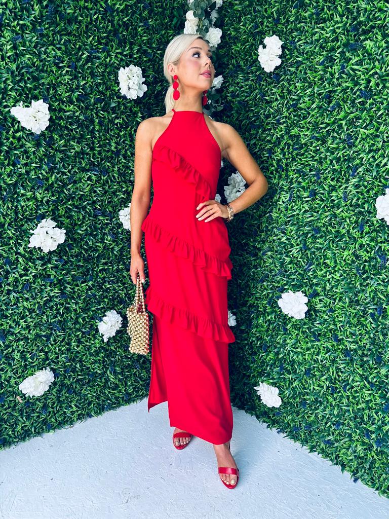 Macy Halter Neck Ruffle Maxi Dress Red