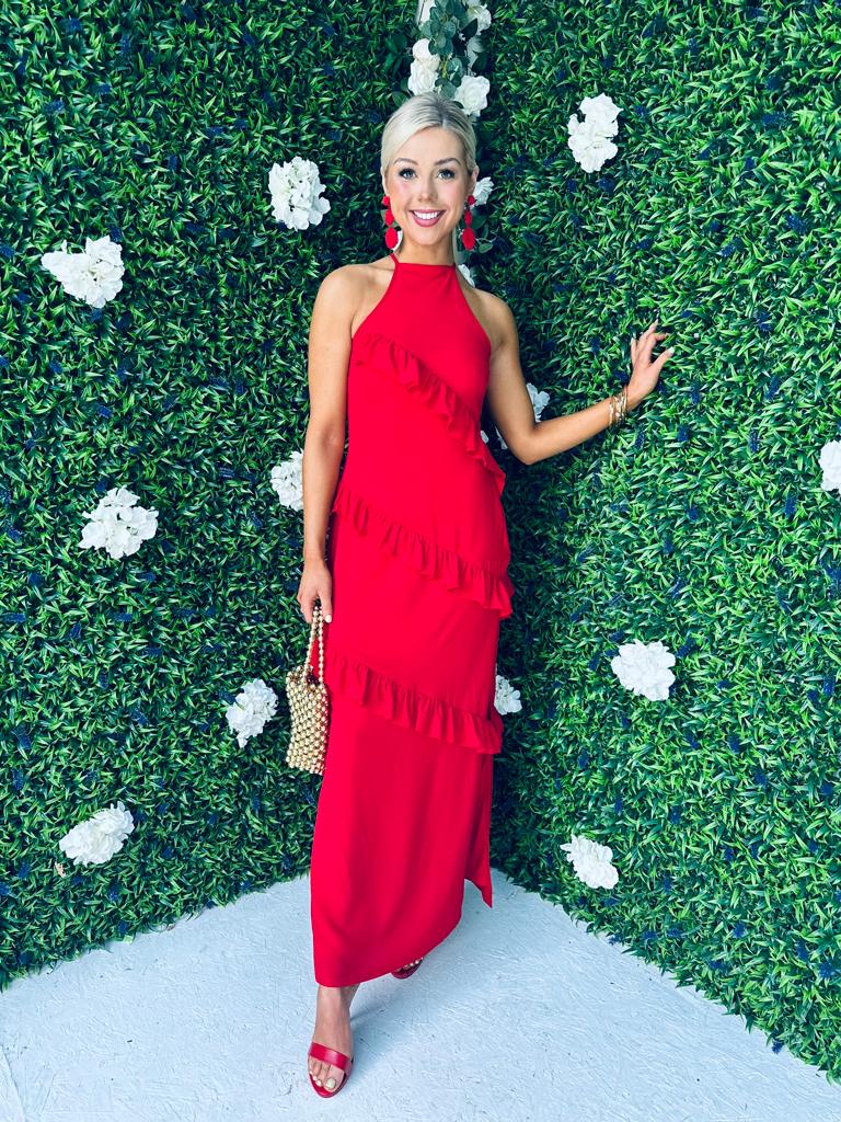 Macy Halter Neck Ruffle Maxi Dress Red