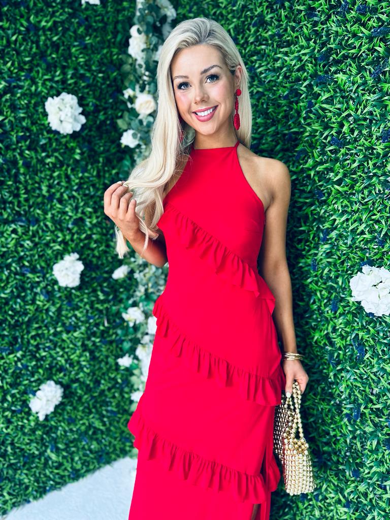 Macy Halter Neck Ruffle Maxi Dress Red