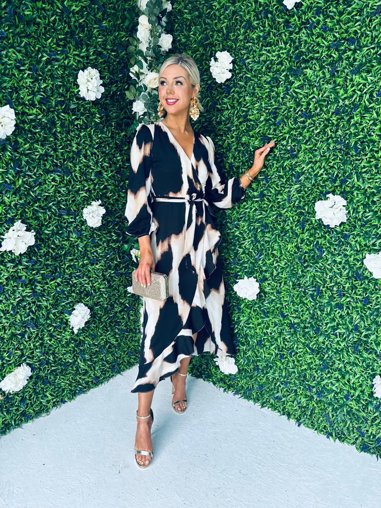 Erin Animal Long Sleeve Split Hem Frill Detail Maxi Dress PRE ORDER Arriving 23 Sep
