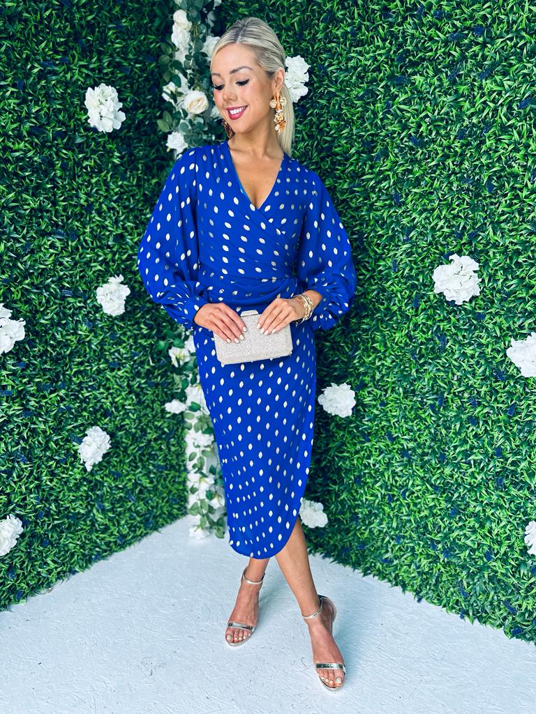 Elsa Gold Foil Long Sleeve Dress Cobalt