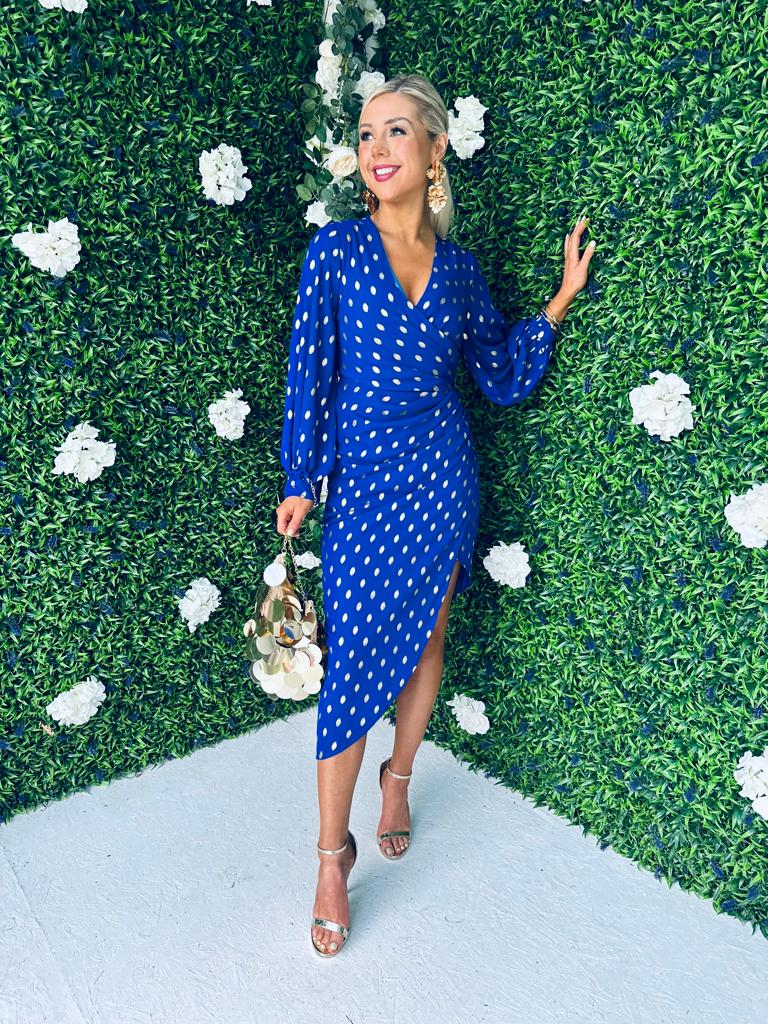 Elsa Gold Foil Long Sleeve Dress Cobalt