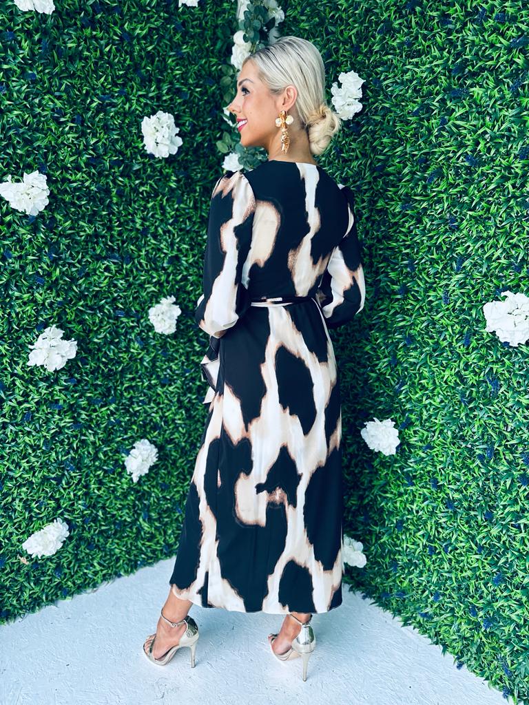 Erin Animal Long Sleeve Split Hem Frill Detail Maxi Dress PRE ORDER Arriving 23 Sep