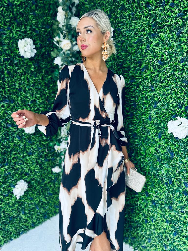 Erin Animal Long Sleeve Split Hem Frill Detail Maxi Dress PRE ORDER Arriving 23 Sep