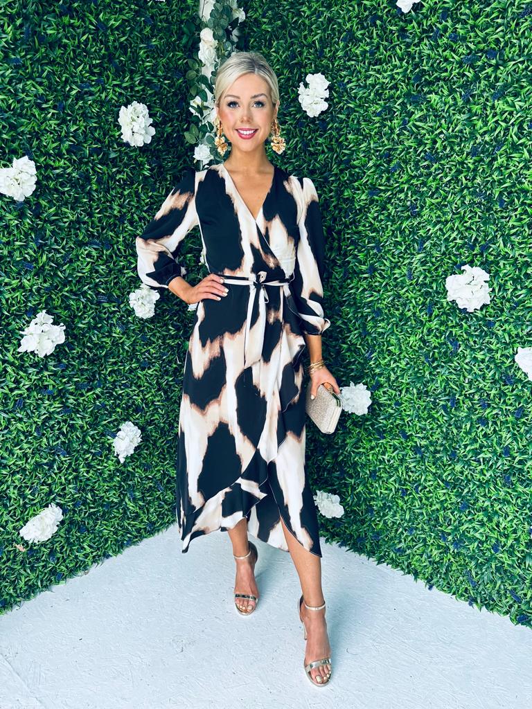 Erin Animal Long Sleeve Split Hem Frill Detail Maxi Dress PRE ORDER Arriving 23 Sep
