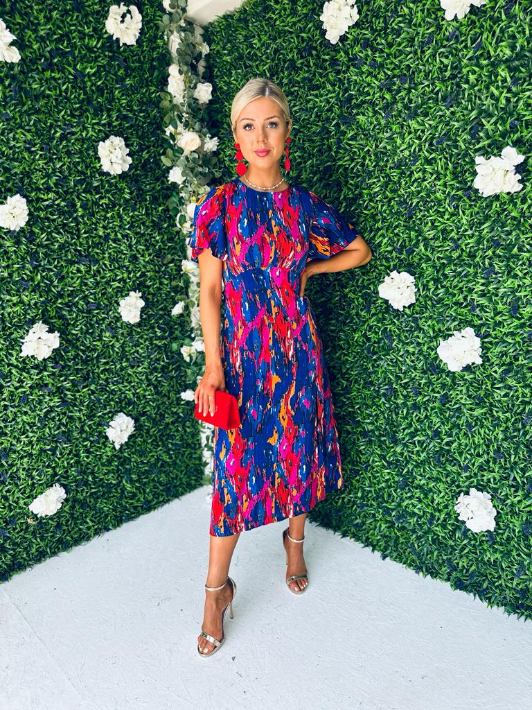 Britney Abstract Angel Sleeve Split Leg Midi Dress Cobalt