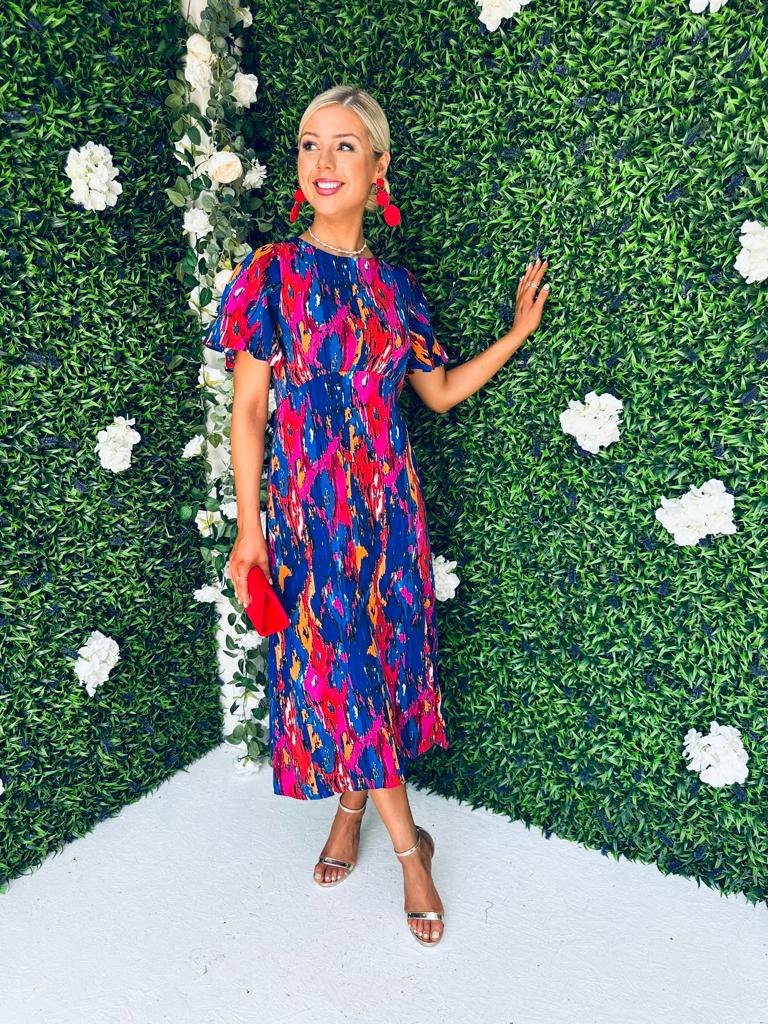 Britney Abstract Angel Sleeve Split Leg Midi Dress Cobalt