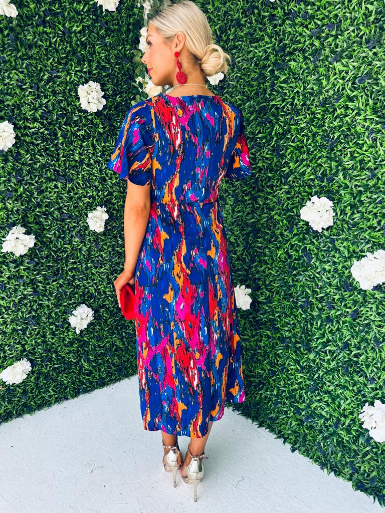 Britney Abstract Angel Sleeve Split Leg Midi Dress Cobalt