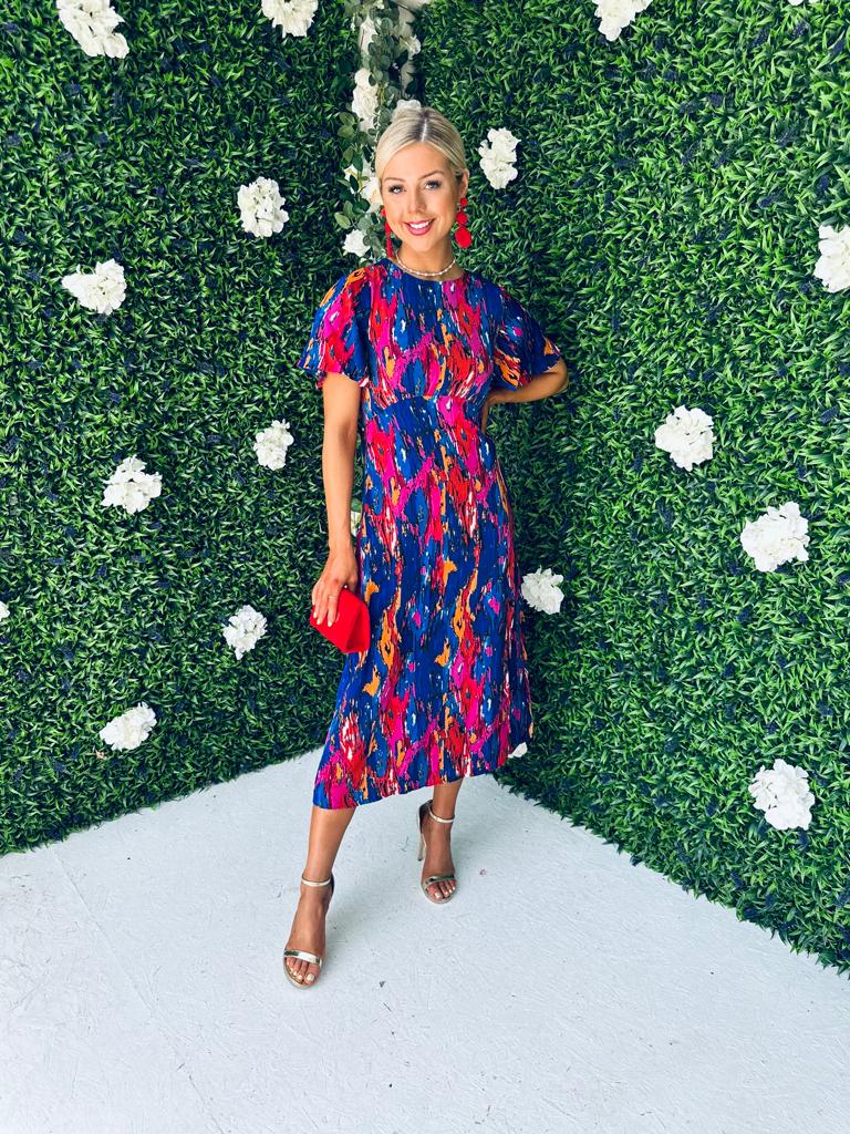 Britney Abstract Angel Sleeve Split Leg Midi Dress Cobalt