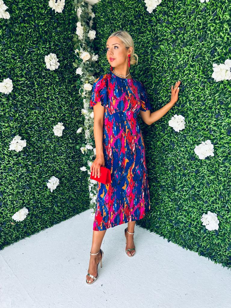 Britney Abstract Angel Sleeve Split Leg Midi Dress Cobalt