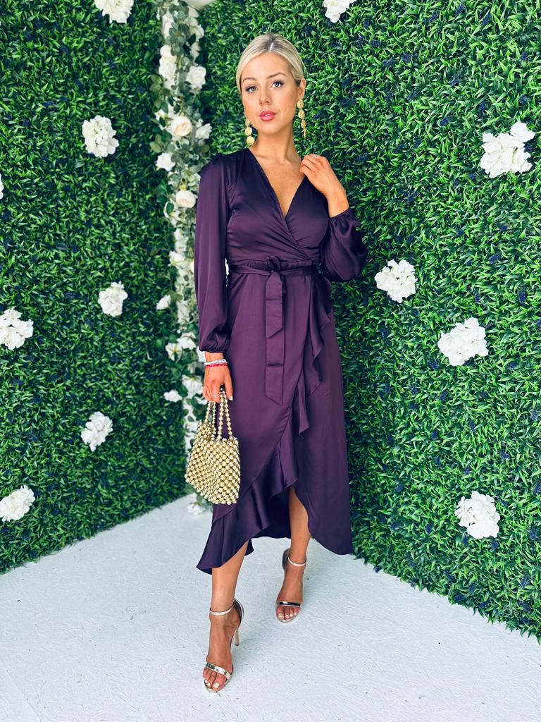 Erin Long Sleeve Split Hem Frill Detail Maxi Dress Purple