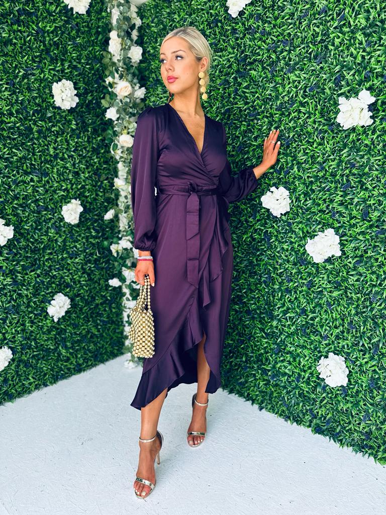 Erin Long Sleeve Split Hem Frill Detail Maxi Dress Purple