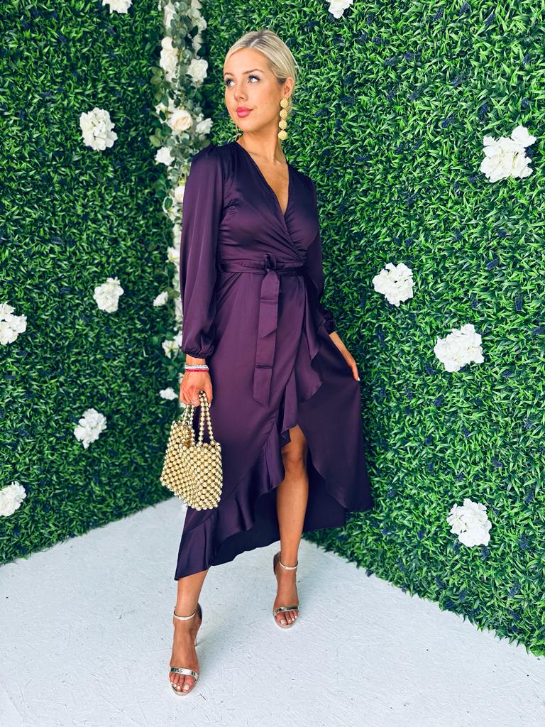 Erin Long Sleeve Split Hem Frill Detail Maxi Dress Purple