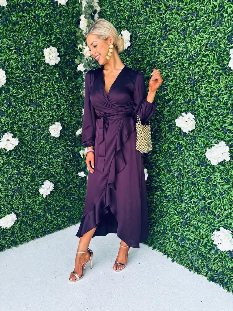 Erin Long Sleeve Split Hem Frill Detail Maxi Dress Purple