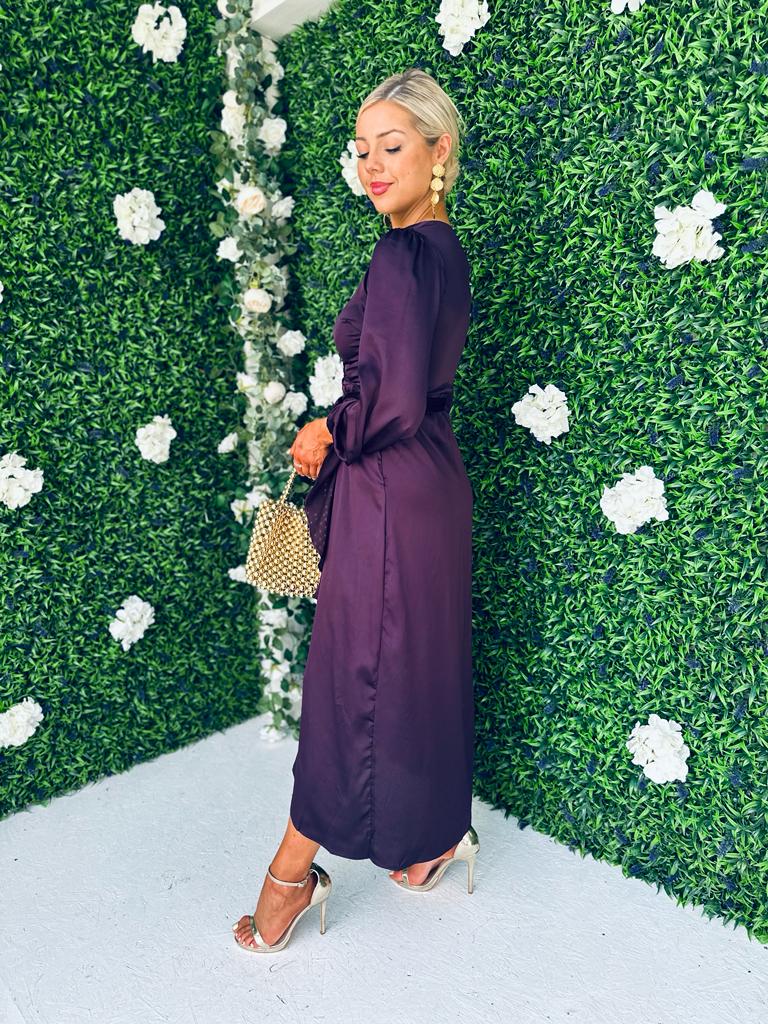 Erin Long Sleeve Split Hem Frill Detail Maxi Dress Purple