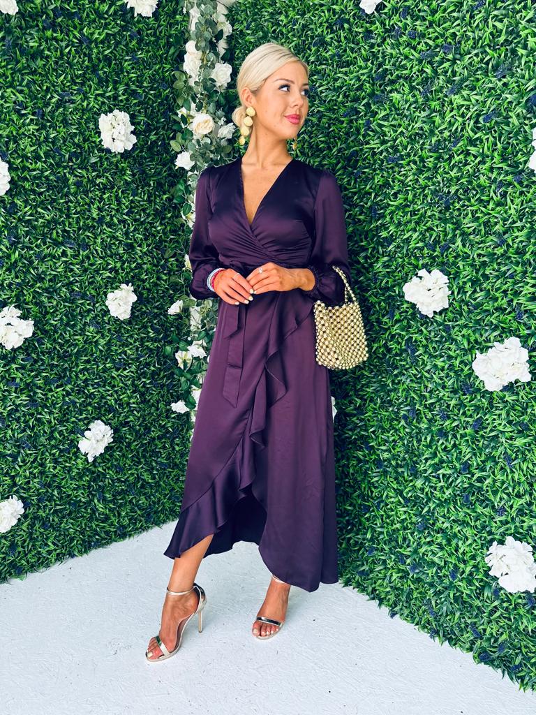 Erin Long Sleeve Split Hem Frill Detail Maxi Dress Purple