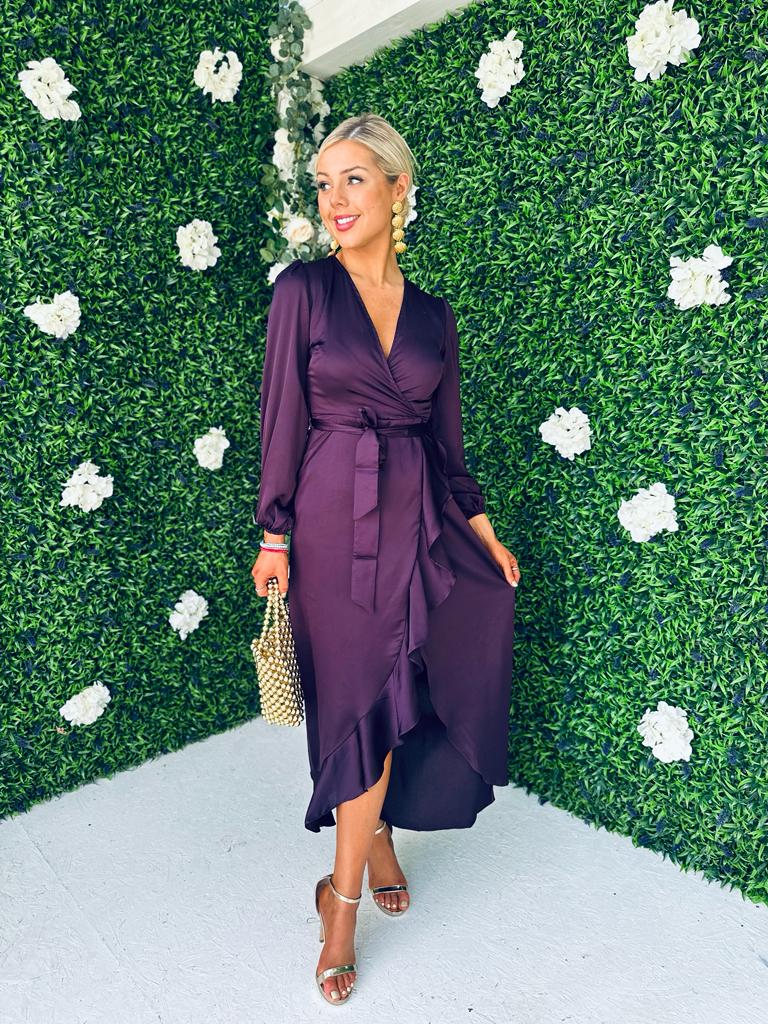 Erin Long Sleeve Split Hem Frill Detail Maxi Dress Purple