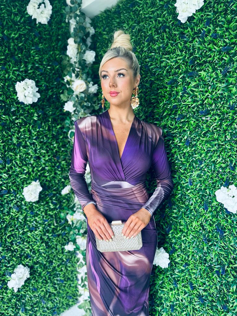 Kara Printed Long Sleeve Midi Dress Plum