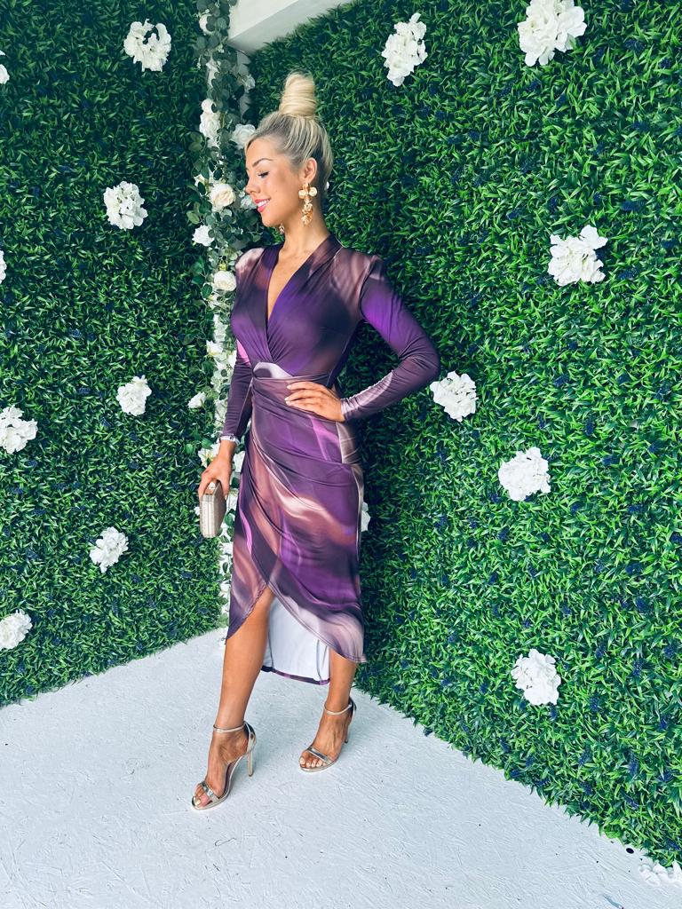 Kara Printed Long Sleeve Midi Dress Plum