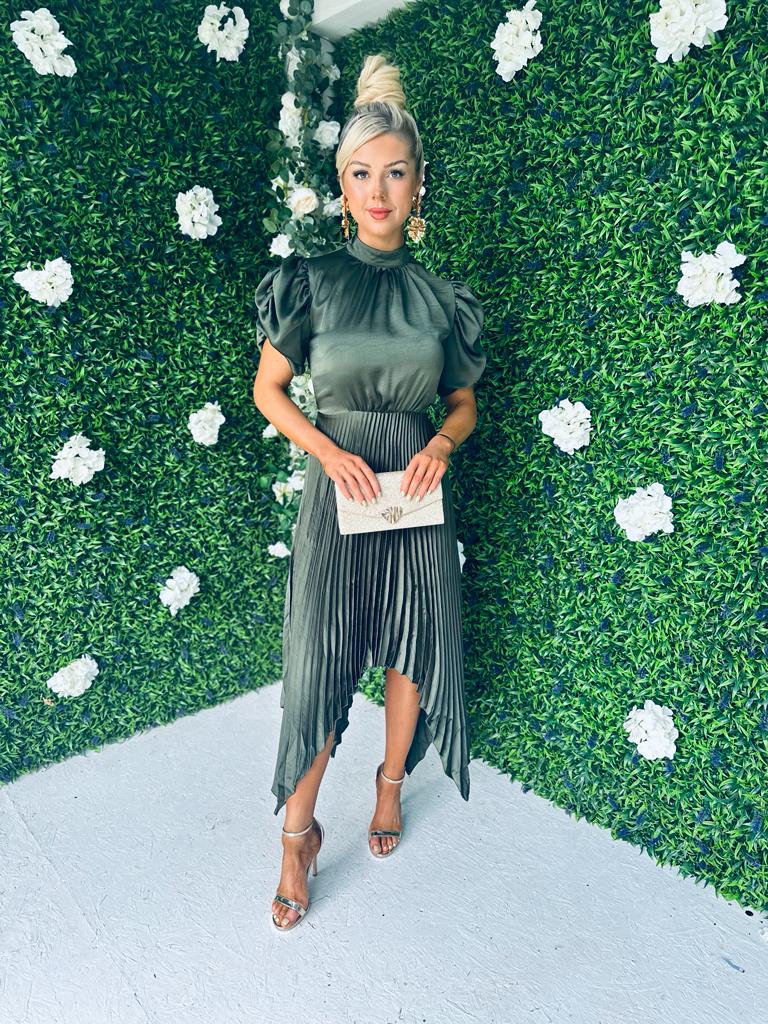 Nainsi Puff Sleeve Pleated Midi Dress Olive