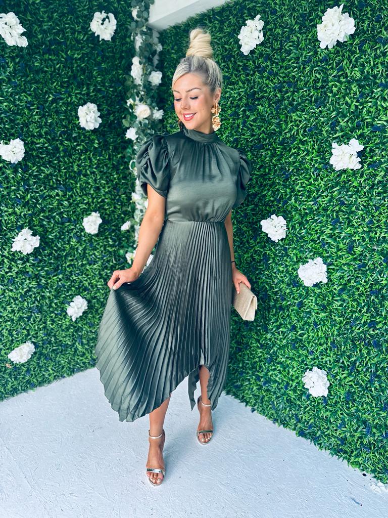Nainsi Puff Sleeve Pleated Midi Dress Olive